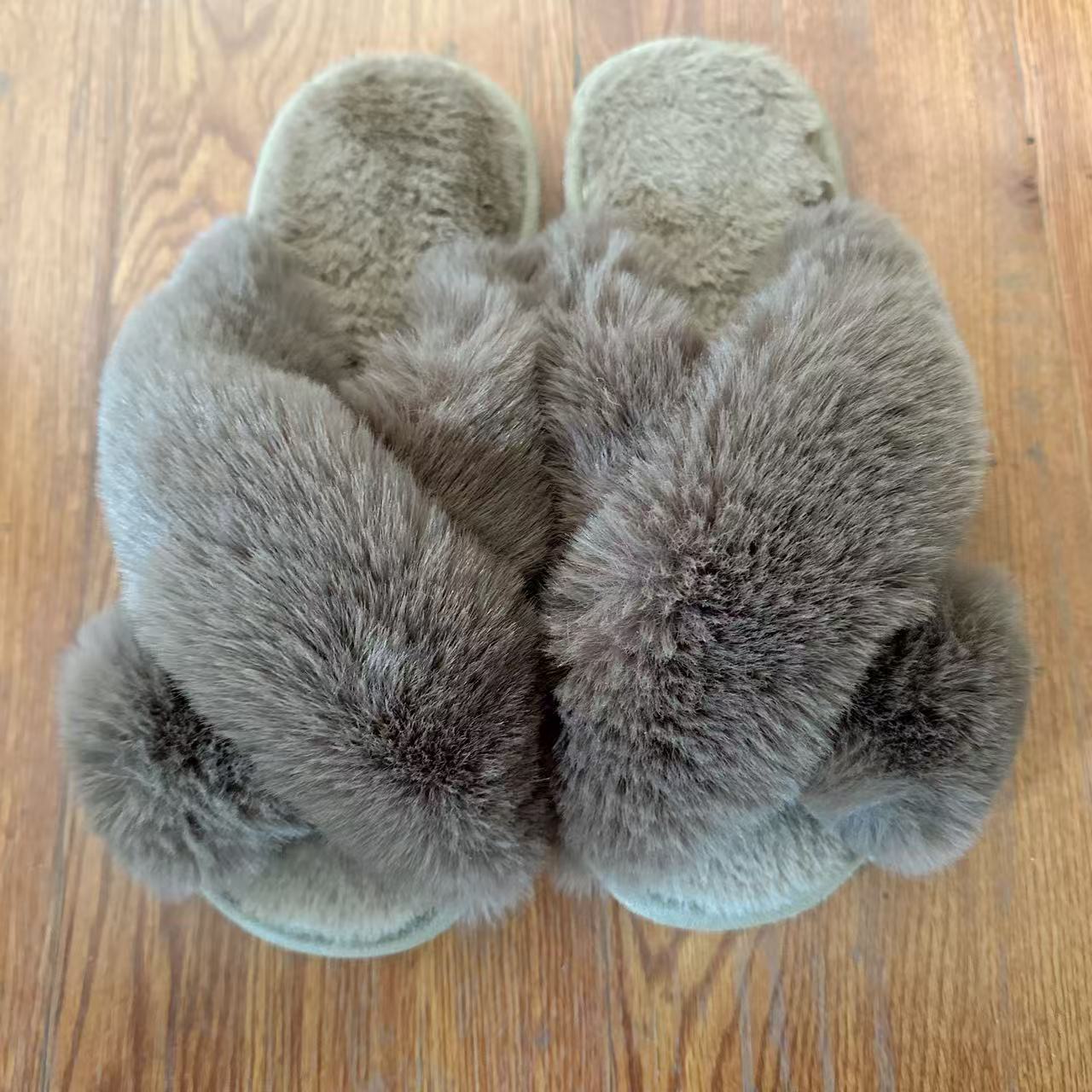 Picture of Amazon Slippers Winter Plush Cross-Strap Cotton Indoor Warm Plus Large Fur Slippers Women's High and Low Imitation Rabbit Fur