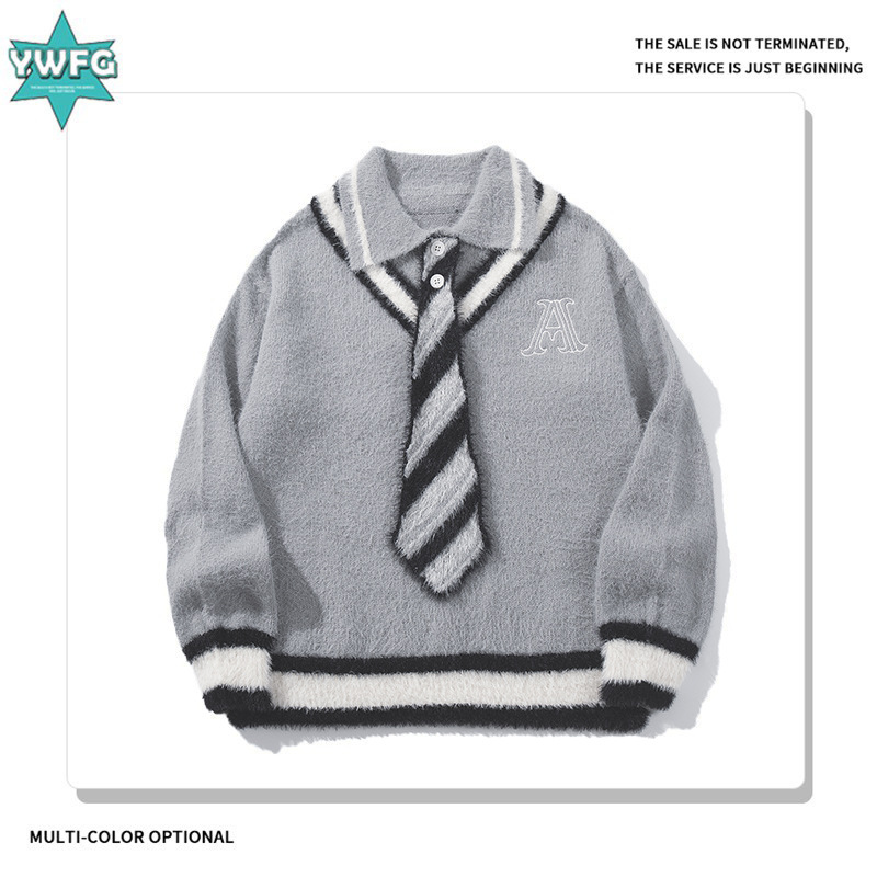 YWFG Women's American Vintage College Style 2024 Autumn Couples High-grade All-match Crewneck Long-sleeved Knitted Sweater