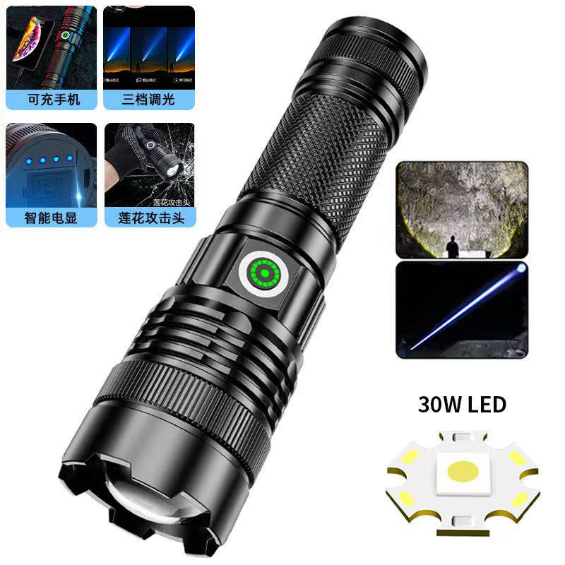 Cross-border new 30W white laser strong light long-shot flashlight USB charging zoom outdoor waterproof adventure flashlight