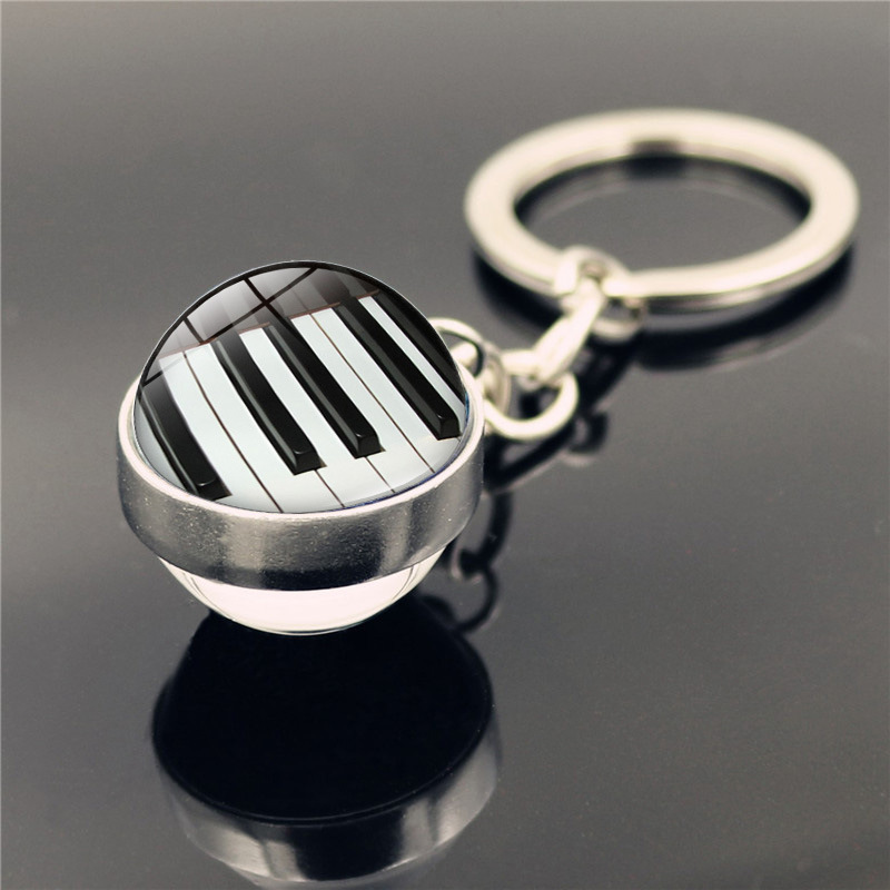 Picture of Music Symbol Piano Keys Time Gem Glass Ball Keychain Pendant Metal Key Chain Creative Small Gift