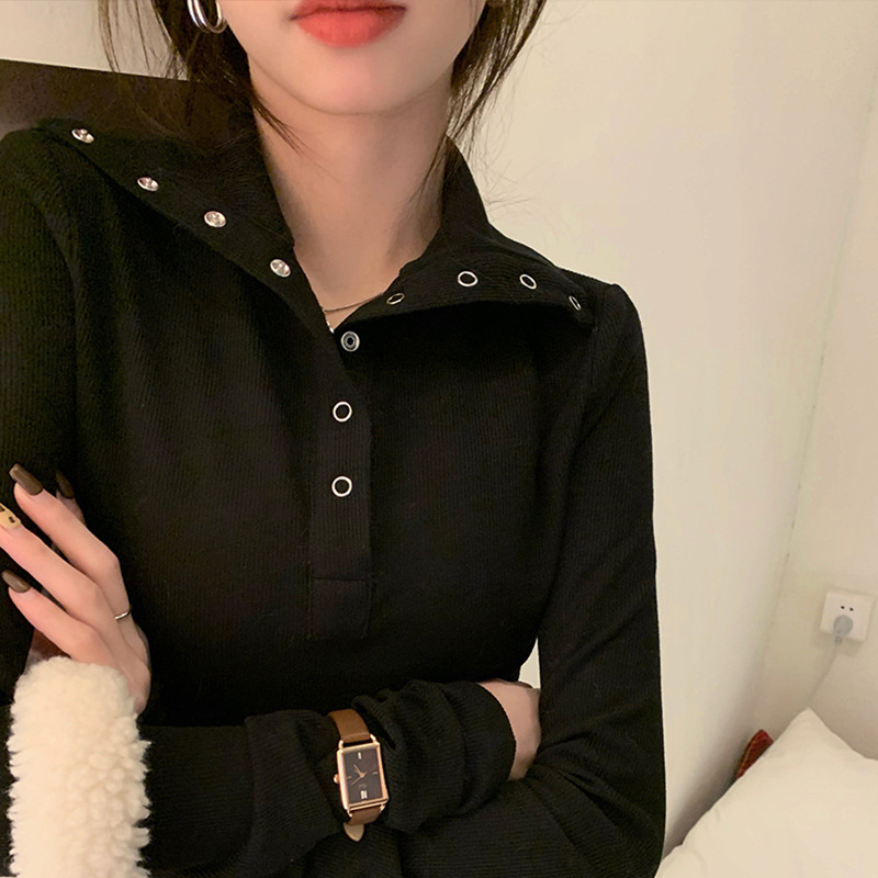 2025 Spring Autumn Winter Thin Spice Lapel Slim Fit Slim Fit Iron Buckle Thread Inner Base Shirt Long Sleeve Outer Wear Women's T-shirt