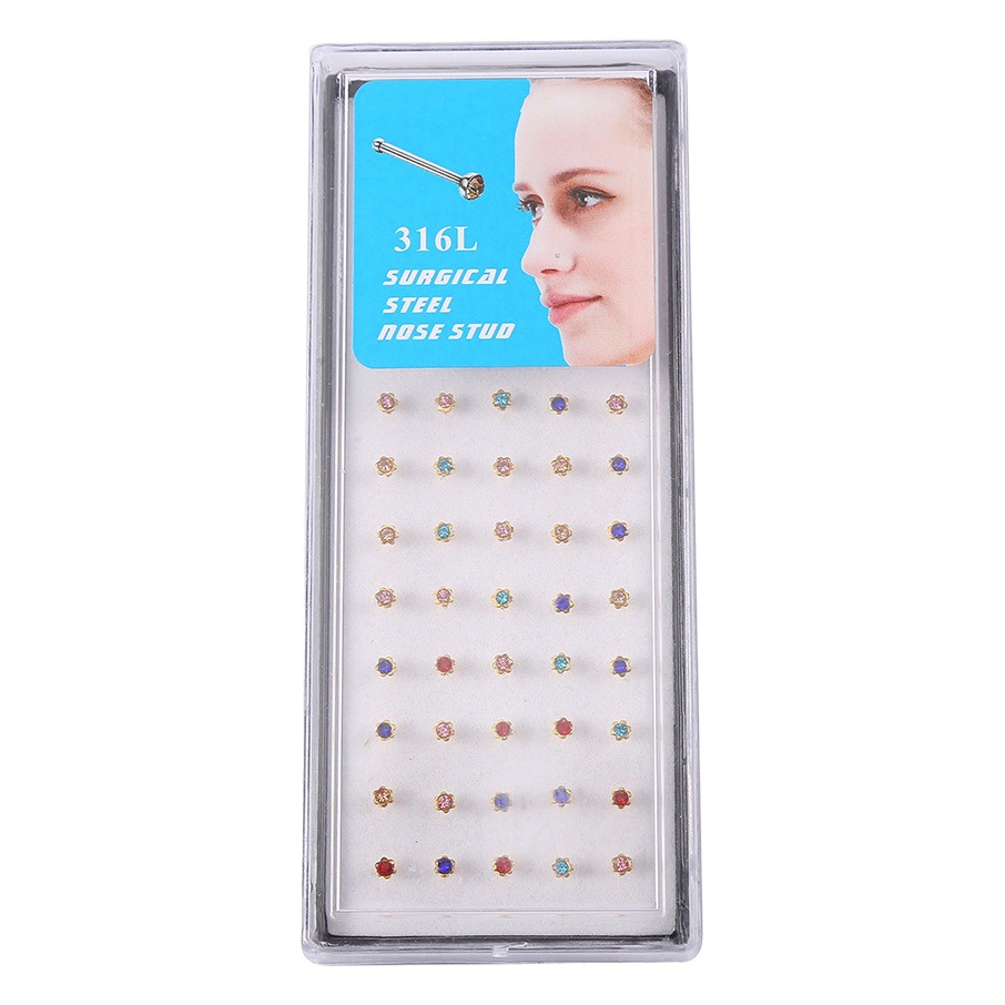 Cross-border stainless steel nose nail straight rod diamond gold and silver color five-star plum boxed nose ring I-type puncture nose jewelry