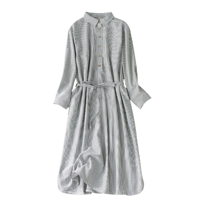Picture of Real Shot 2022 Autumn Artistic Casual Loose A- Line Large Size Women's Wear Slimming Striped Over-the-knee Shirt Dress