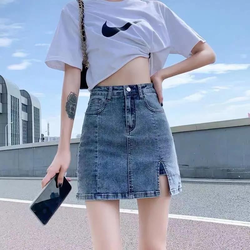 Picture of Spring and Summer 2024 New Anti-glare Denim Bust Skirt High Waist Elastic Slim A- line Split Hip Skirt