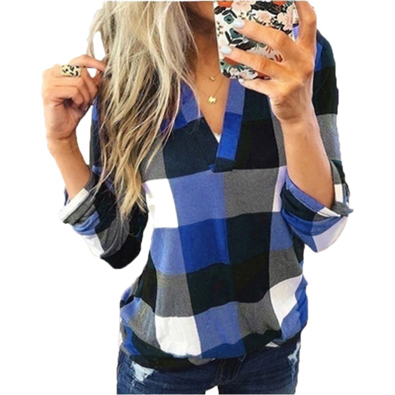 European and American Women's Tops New Cross-Border Spring and Autumn Shirts Women's Plaid Shirts Printed V-Neck Long-Sleeved Shirts Elegant Commuter Style