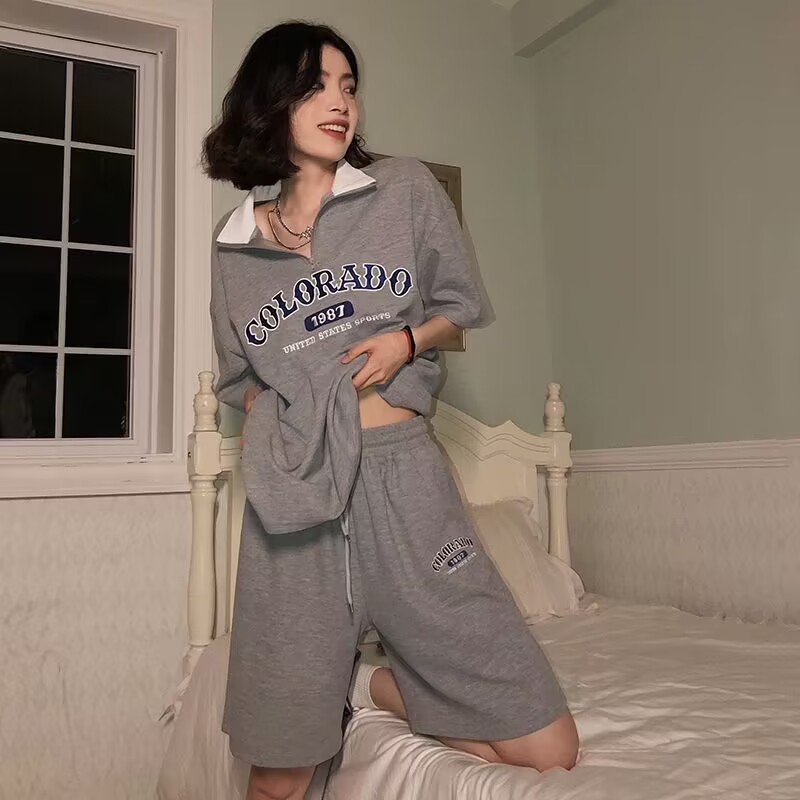 577# Short-sleeved Sports suit Women's Summer New Loose Korean Student Polo Collar Casual Fashion Shorts Two-piece Set