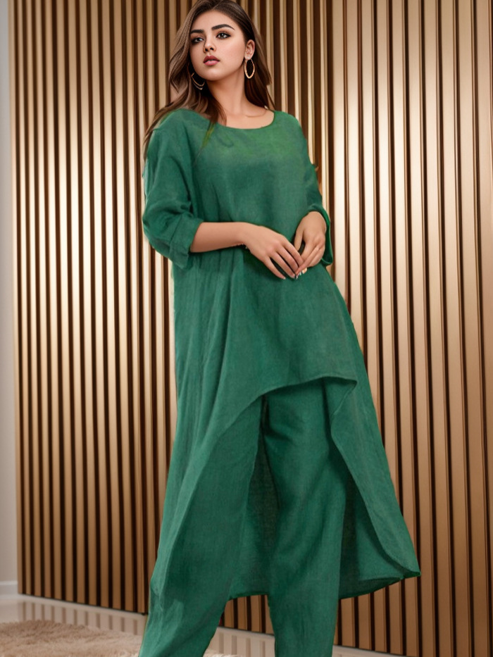 European and American New Women's Cotton and Linen Fashion Casual plus size Irregular Top Long-sleeved suit Wide-leg Pants Two-piece Set