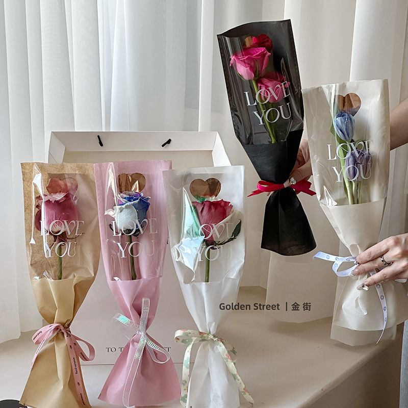 LOVE YOU love you bronzing straight tube bag single bag flower bouquet rose packaging bag transparent bag diy material