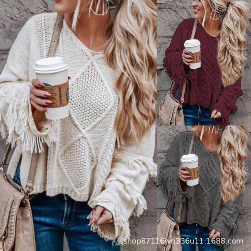 2025 Autumn and Winter Amazon Hot Selling Street Fashion Pullover Tassel Design Sexy Off-Shoulder European and American Long-Sleeved Sweater for Women