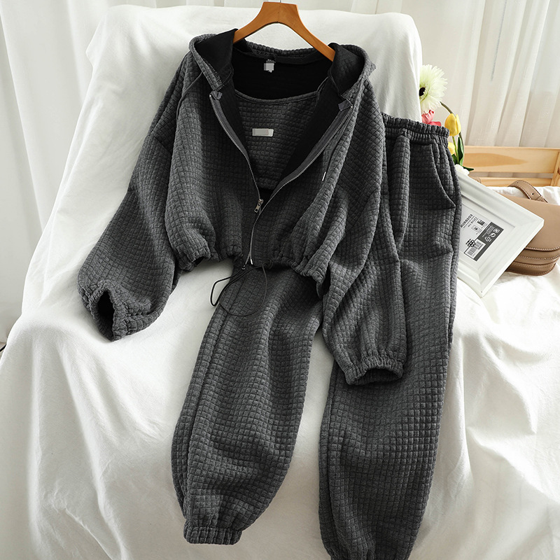 Picture of Large Size Sports Style Casual Suit Women's Spring and Autumn Sling Hooded Sweatshirt Jacket Long Pants Large Size Three-piece Suit