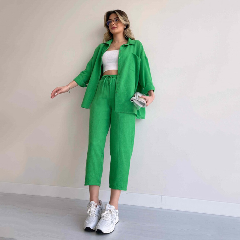 Picture of European and American Plus Size Women's Clothing 2025 Autum New Casual Loose Shirt Jacket Nine-Point Sports Harem Pants Two-Piece Set