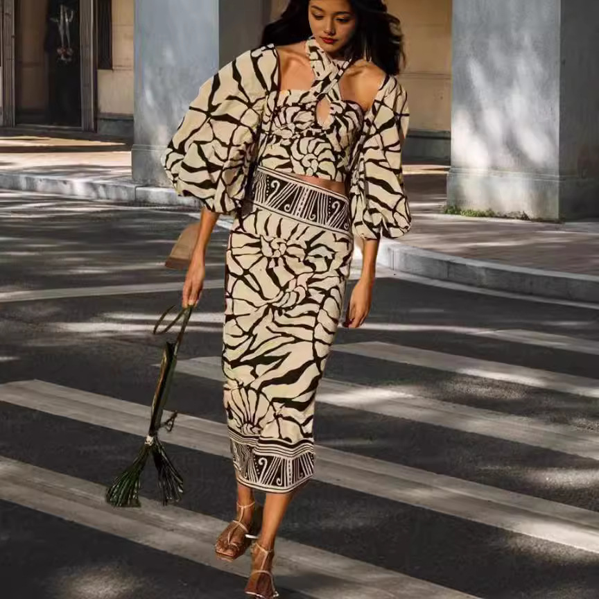 2024 AliExpress Europe and the United States new fashion neck swimsuit detachable sleeve printed suit women cross-border explosions