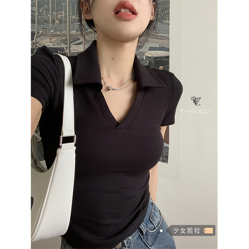 Pure collar knitted T-shirt women's summer new hot girl slim collar short sleeve shoulder top
