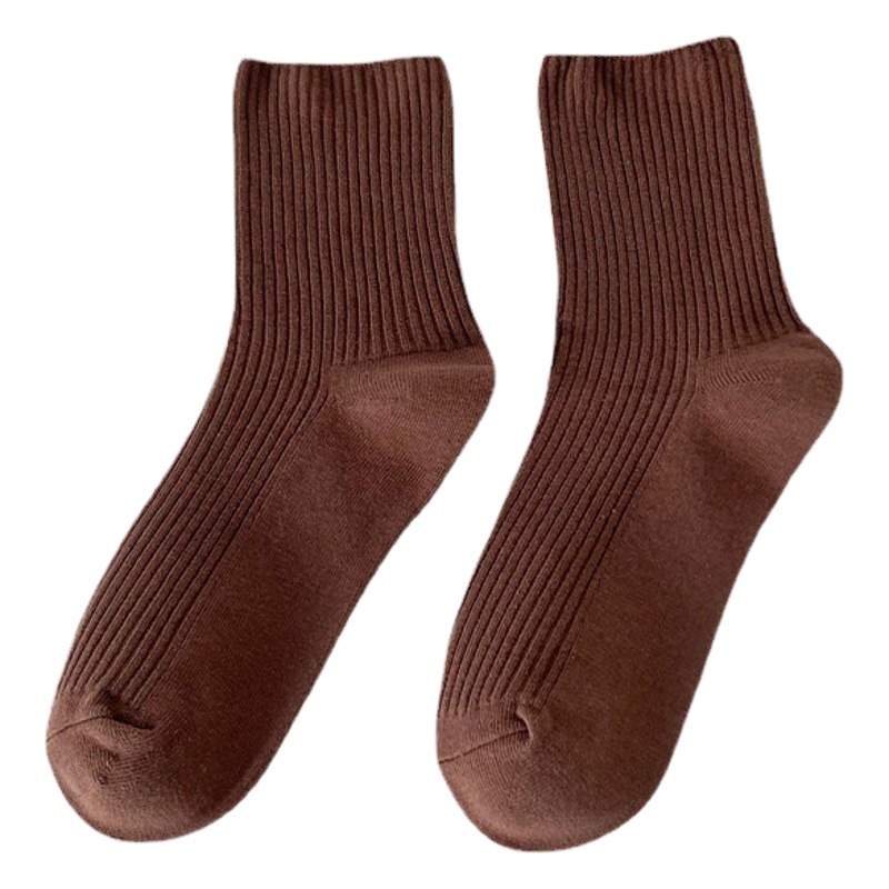 Cross-border Socks Women's Warm Color Vertical Strip Mid-length Socks Japanese Style Milk Tea Solid Color Stacked Socks Autumn and Winter Simple Daily Throw-away Socks