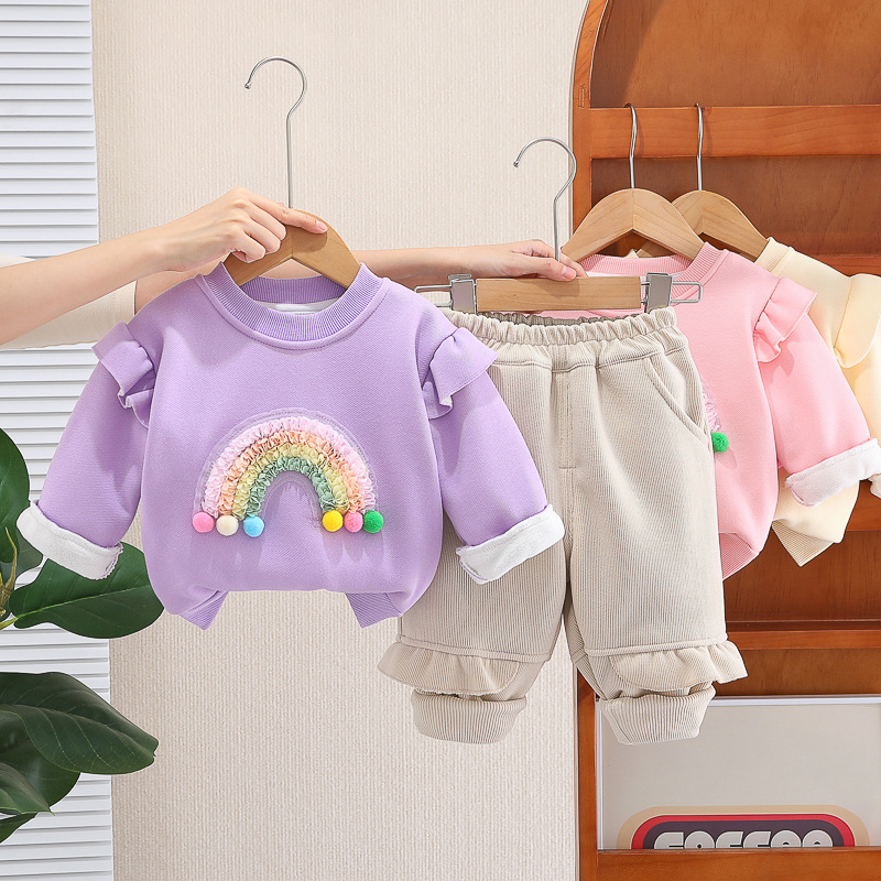 Children's fleece-lined sports suit 2024 winter new baby sweater two-piece girls warm suit tide