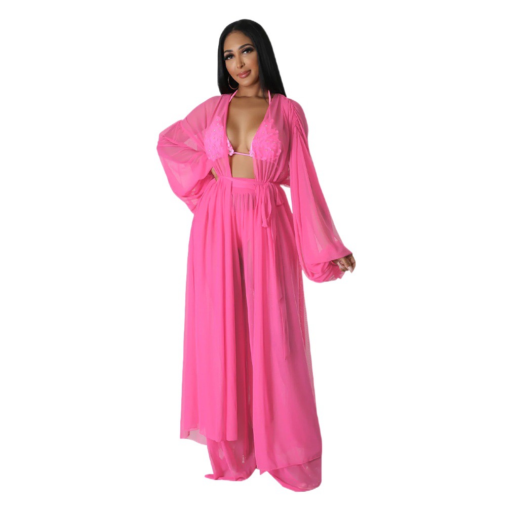 K10560 Amazon European and American Cross-border Fashion Women's Solid Color Bat Sleeve Sexy Perspective Long Sleeve Trousers suit New