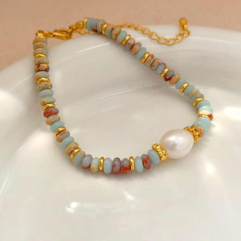 Picture of Natural Stone Colorful Beaded Hand Necklace Fashion Baroque Cultured Pearl Bracelet Light Luxury Niche Lockbone Chain 1695