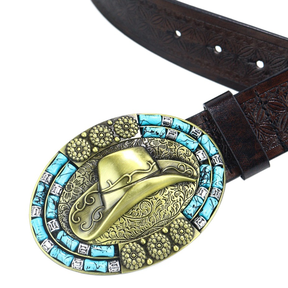 Cross-border New Men's Western Denim Belt Strap Big Plate Buckle Trendy Retro Youth Hat Punk PU Belt