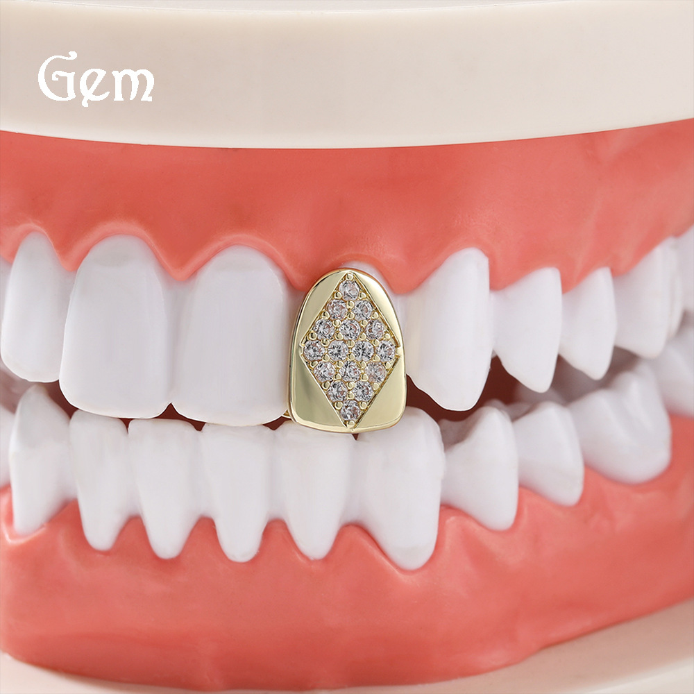 Hip hop diamond gold braces teeth grills European and American hipster single tooth real gold electroplating braces