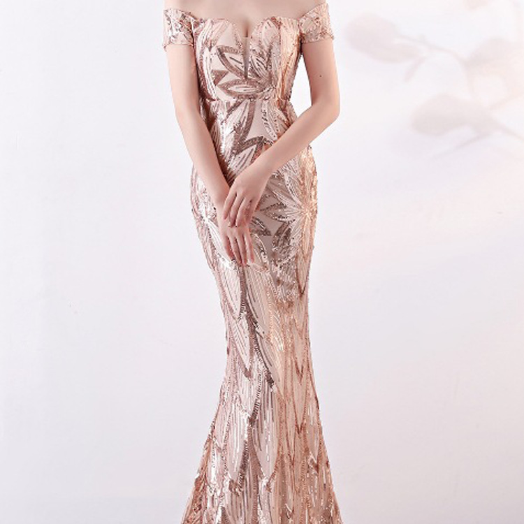2023 New Arrival Sequin Evening Dress European and American Long Fishtail Slim-Fit Slimming Banquet Elegant Host Dress