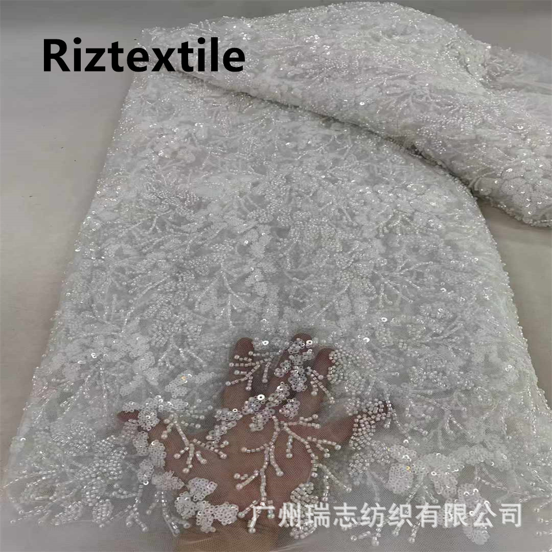 Foreign Trade Europe and America Heavy Industry Bead Tube Embroidery Floral Pastoral Style Dress Embroidery Fabric Stage Show Dress Embroidered Cloth