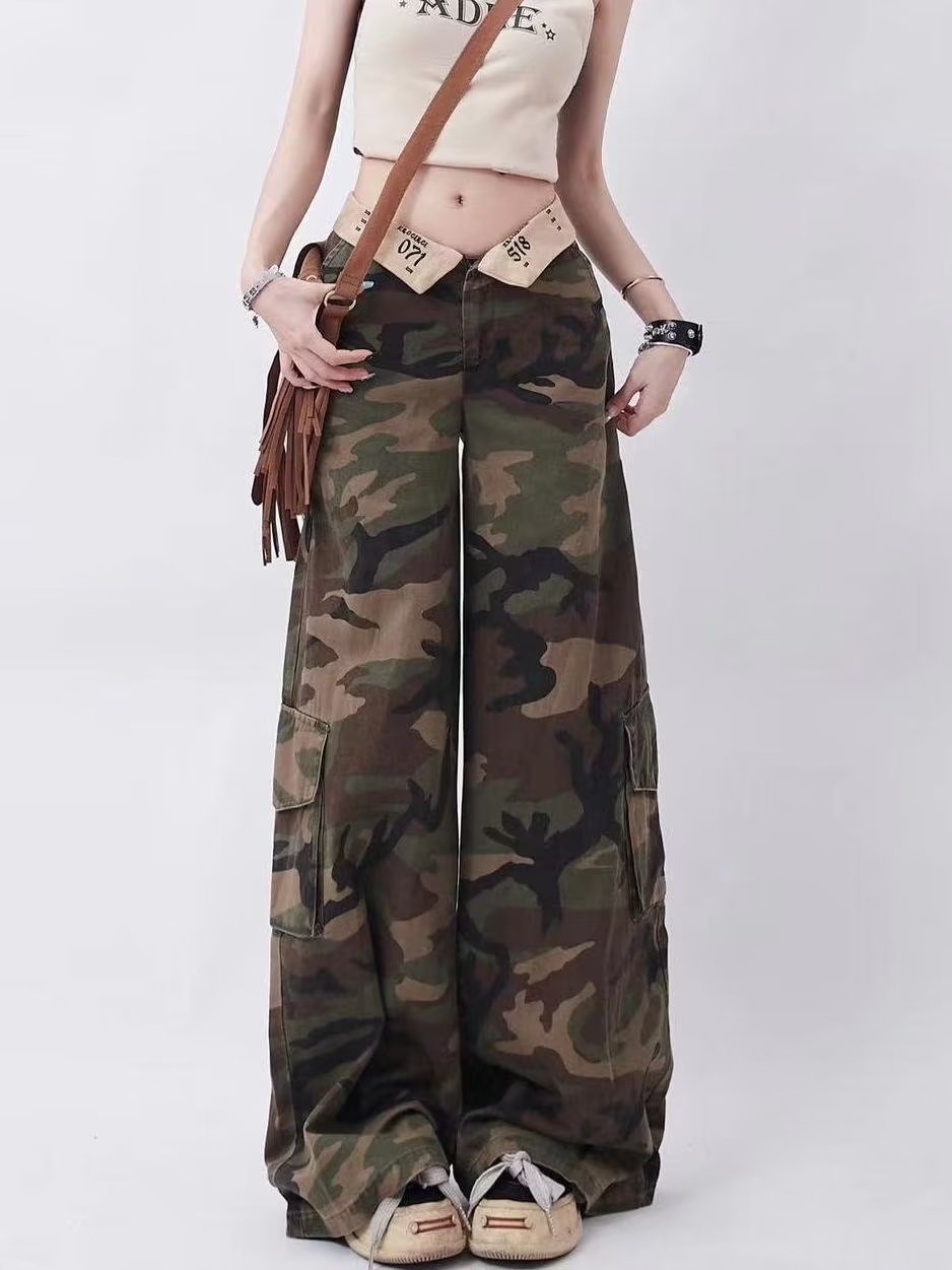 plus size American-style Retro Camouflage Workwear Women's Early Autumn Fried Street Sweet Cool Spice Girls Loose Straight Dosing Denim Pants