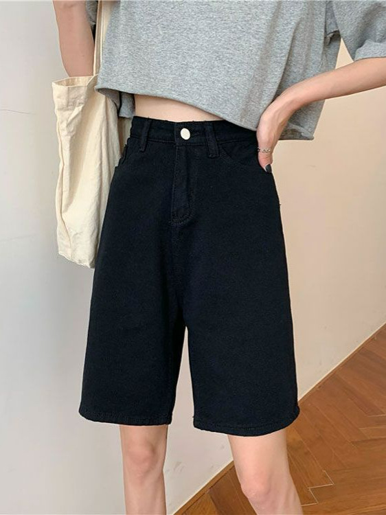 Plus-Size High-Waisted Straight-Leg Denim Shorts for Women, Summer New American Style, Slimming, Large Size, Casual Loose American-Style Knee-Length Shorts
