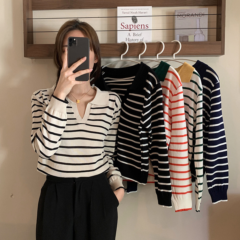 2023 Elegant Korean Style Simple Lapel Soft and Waxy Slim Fit Autumn and Winter Casual Versatile Long-sleeved Knitwear