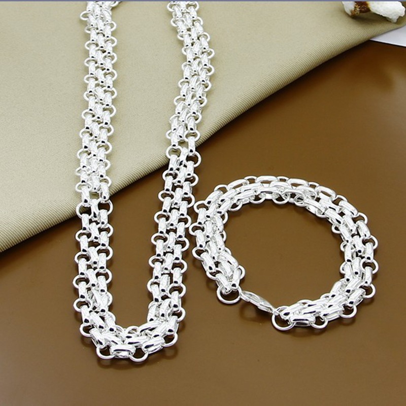 European and American foreign trade jewelry silver plated three row bracelet necklace suit Korean best selling in stock supply wholesale T017