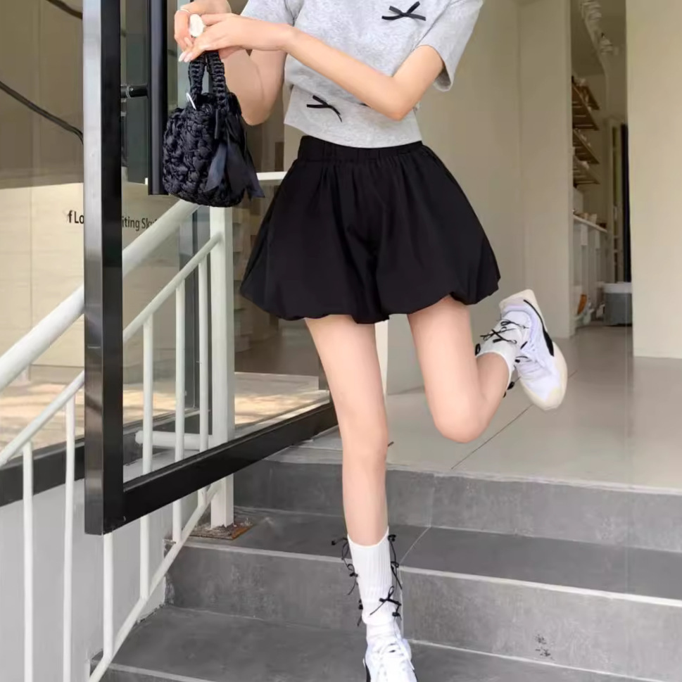 Black Versatile Shorts for Women Summer Korean Style Petite Casual Pants New High-Waisted 2024 Wide-Leg Puffy Bloomers