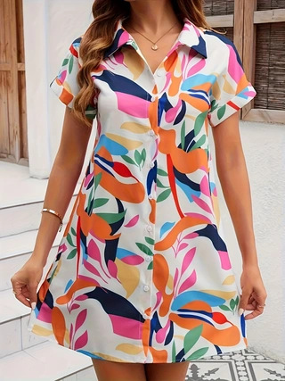 Amazon cross-border 2024 new fashion color floral printed cardigan short sleeve shirt dress