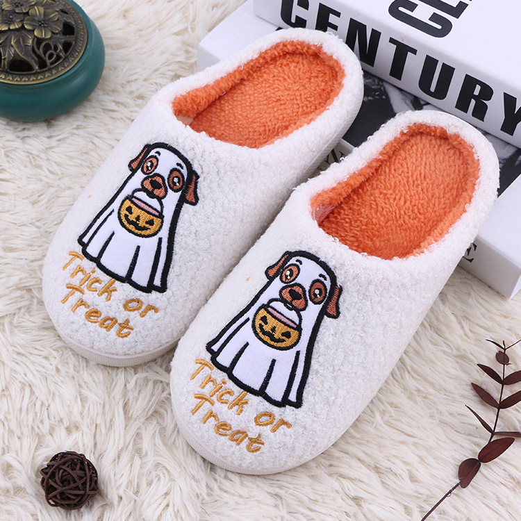New Halloween cartoon pumpkin dog cotton slippers indoor and outdoor fleece-lined thickened couple non-slip plush slippers