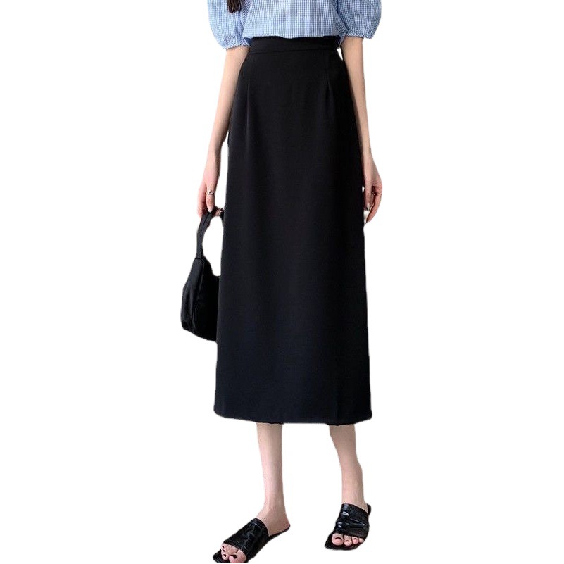 2022 Summer Large Size Black Skirt for Chubby Girls Women's High Waist Mid-length Split A- line Skirt Slimming Hip Skirt