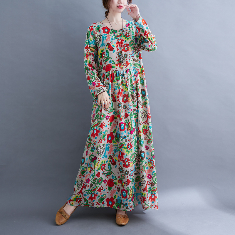 Picture of Foreign trade elegant large swing skirt dress spring and autumn loose plus size women's clothing fat sister ethnic style printed over-the-knee dress