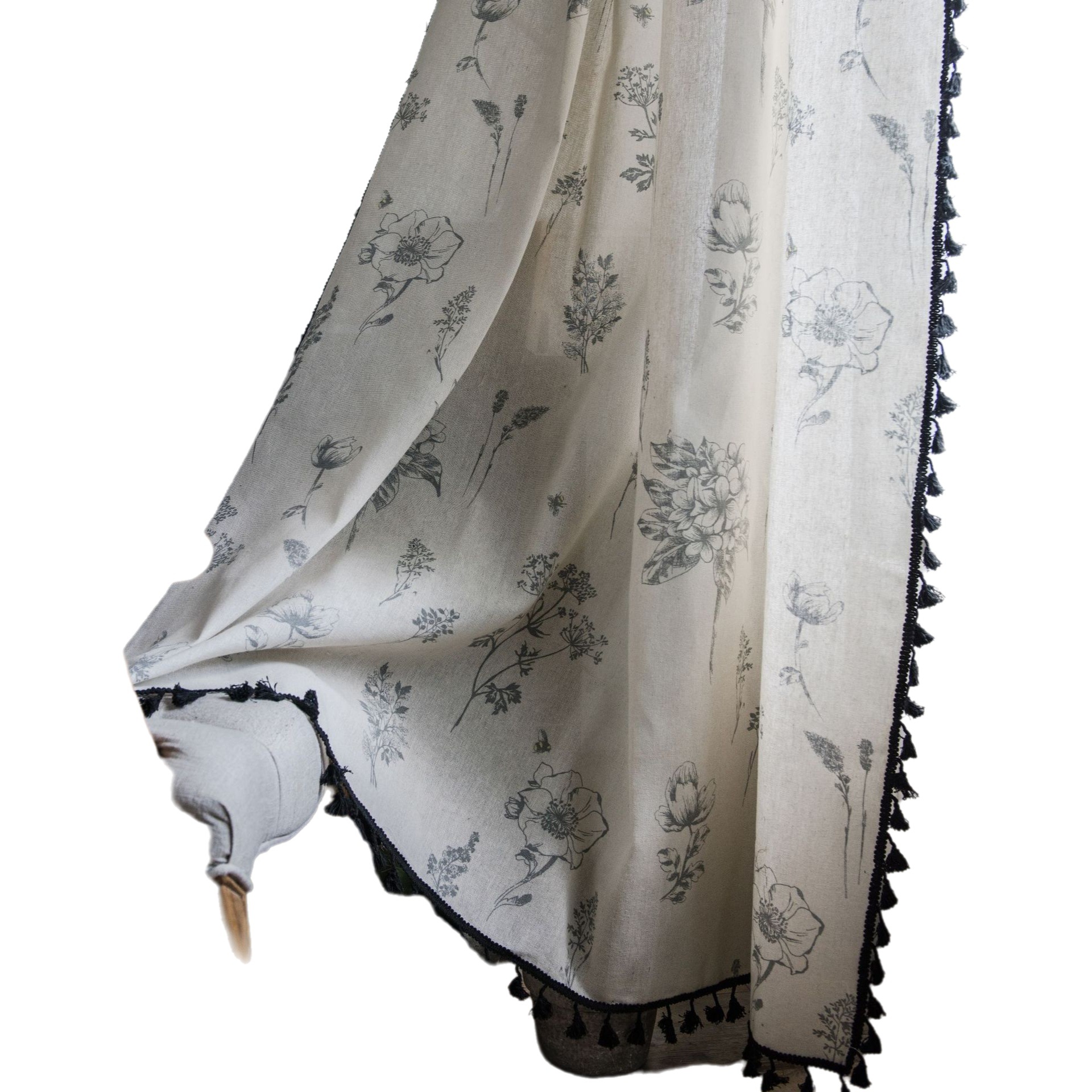 Yiman Qiyun Curtain Grey Flower Print Curtain Finished Black Tassel Pastoral Kitchen Curtain Floating Window Curtain