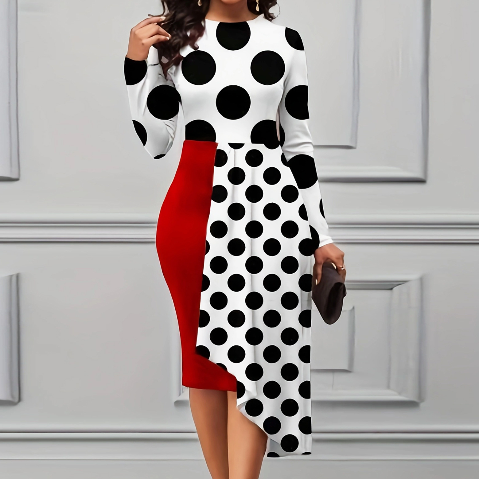 Picture of Cross-border Amazon European and American Spring and Autumn Women's Elegant Laminated Hip Midi Dress Irregular Stitching plus size dress