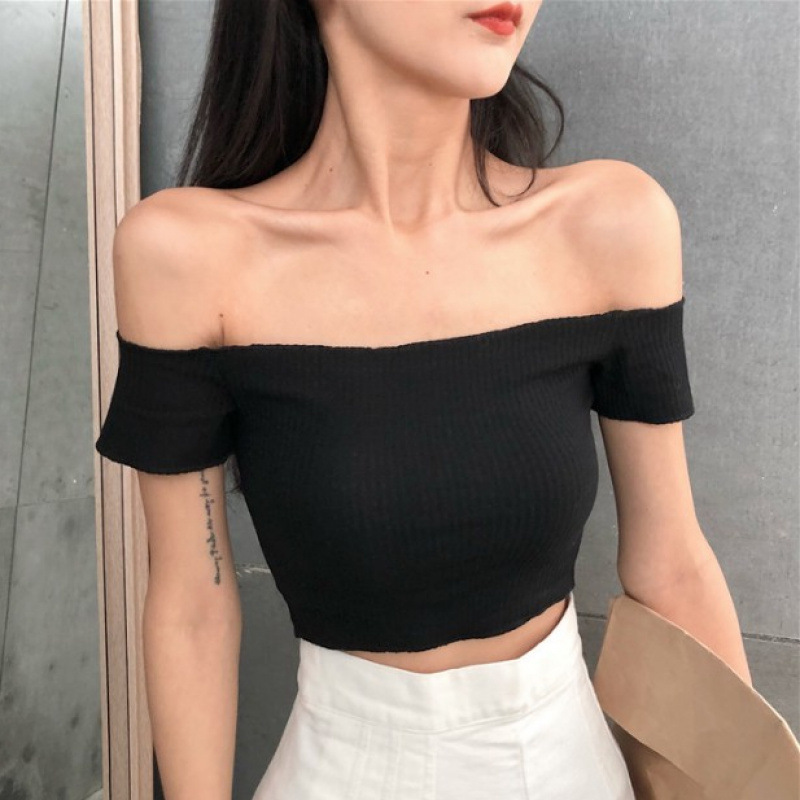 Navel-Baring Tight-Fitting Retro Korean Style Sexy Off-Shoulder Summer One-Line Collar Simple Slim-Fitting Short Shirt Women's Short-Sleeved