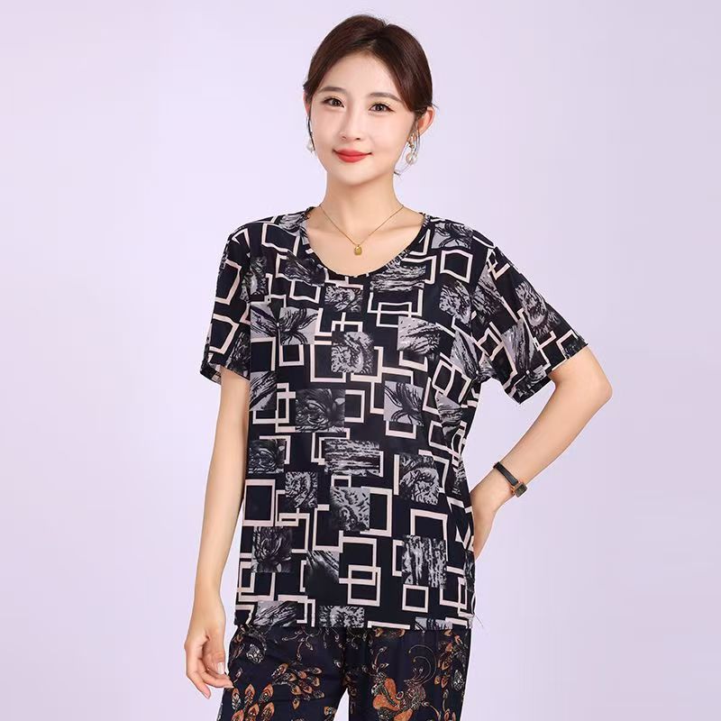 Picture of Middle-aged summer short-sleeved women's T-shirt mother outfit for the elderly loose elastic casual round neck plus size ice silk wholesale