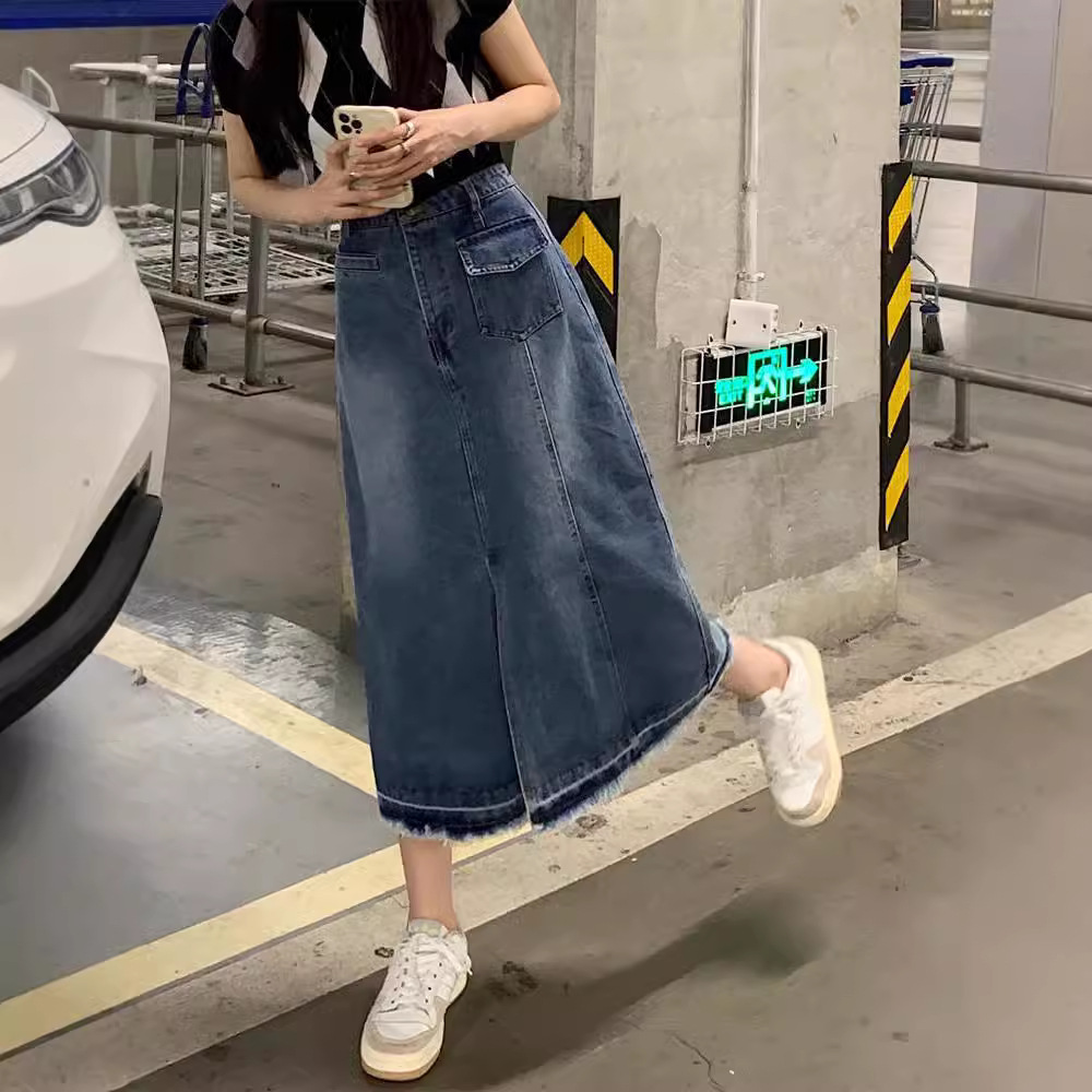 New Autumn Korean-style High Waist Loose Slimming Design Sense Covering Cross Split 2024 Mid-length A- line Skirt Skirt