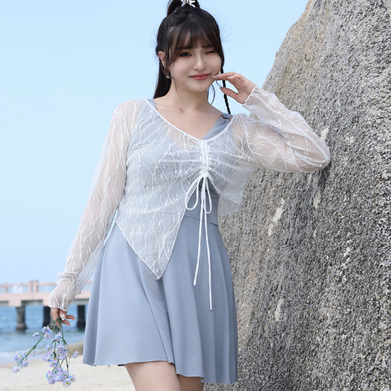 Swimsuit girl mm180 kg split belly cover three-piece set belly cover slim conservative long sleeve big chest hot spring swimming suit