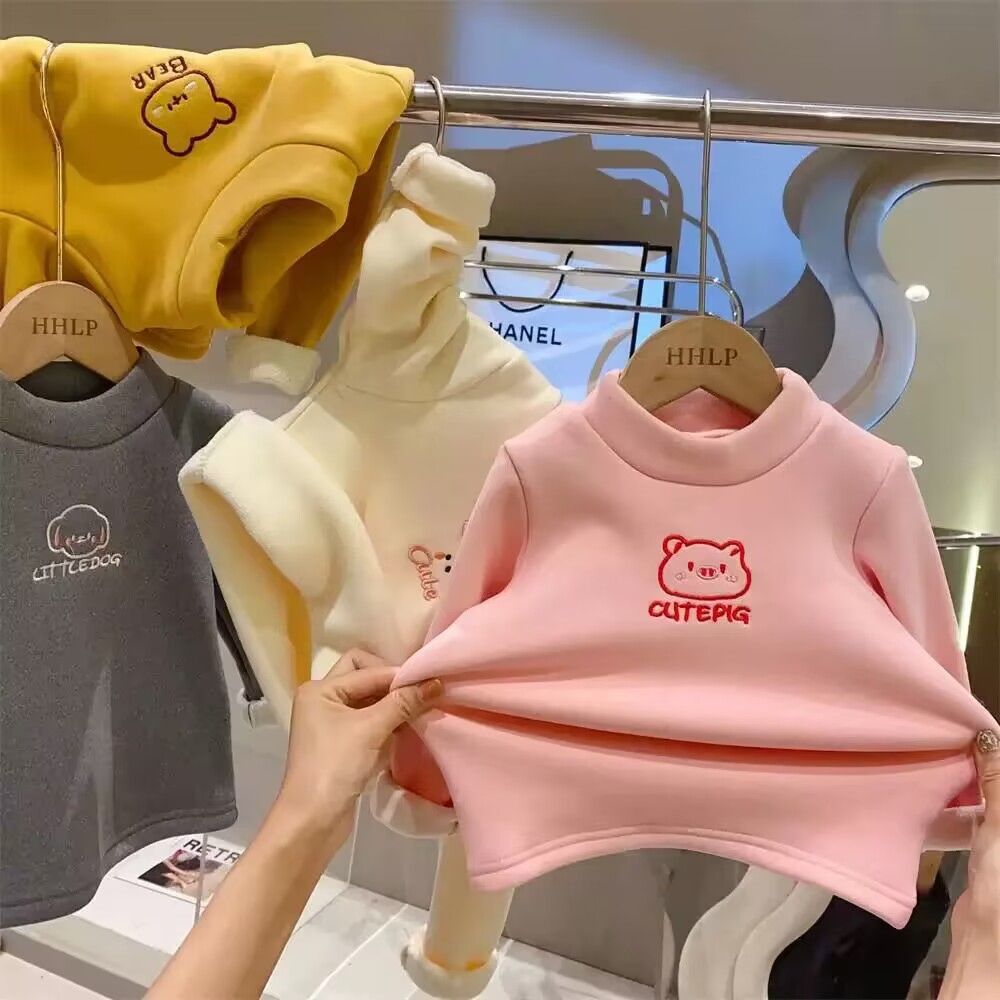 Boys and Girls autumn and winter fleece-lined bottoming shirt 2023 new western style top baby girl winter warm outer wear sweater fashion