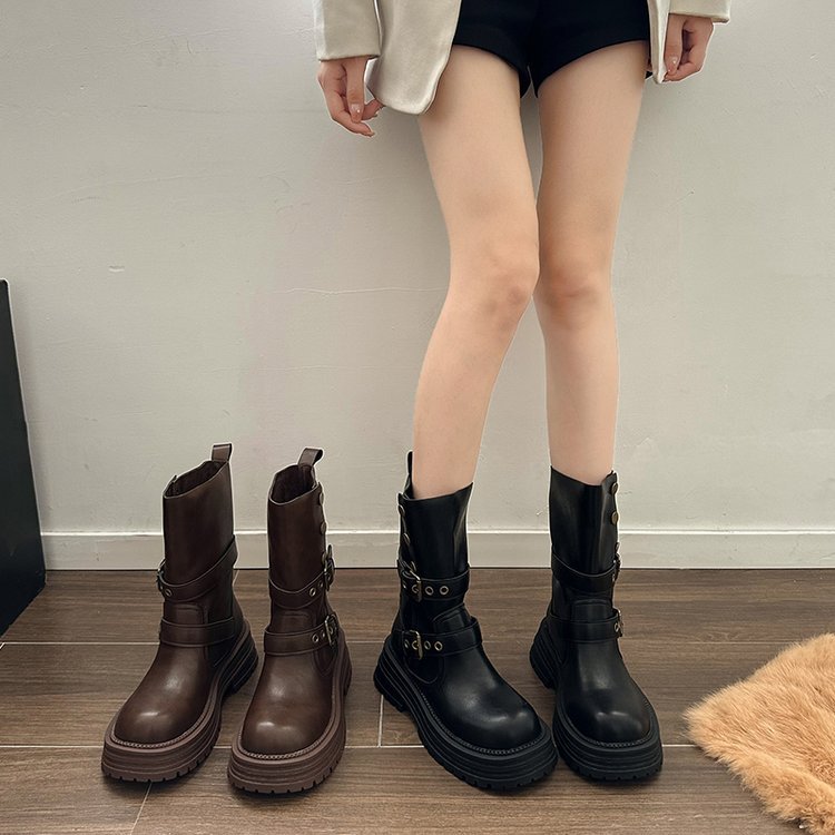 Maillard Ankle Boots Women's Autumn and Winter 2024 New Arrival Small Thick Bottom Martin Boots Belt Buckle Mid-Barrel Western Cowboy Boots