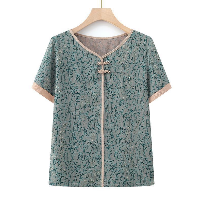 New Chinese Style Short-sleeved T-shirt Women's Summer New Western Style Age-reducing Middle-aged Mother's plus size Slimming Printed Top for Women