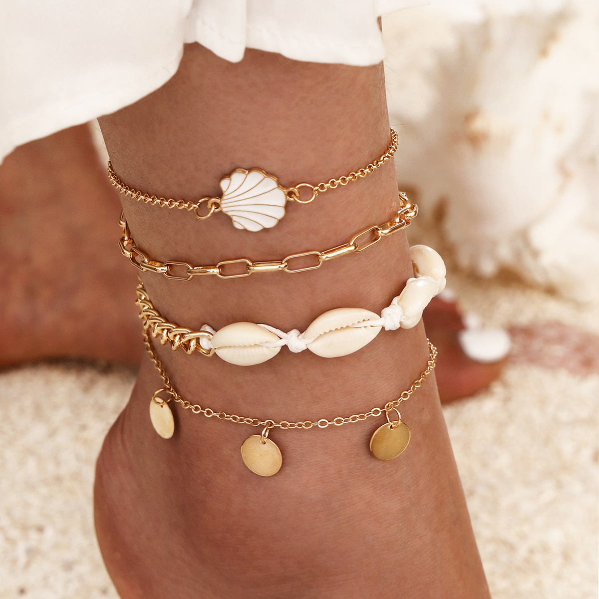 Picture of Summer Bohemian Style Natural Shell Round Coin Tassel Anklet Girlfriend Anklets Four-Piece Set