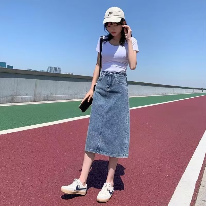 Denim Half-length A-line Skirt 2024 Summer vibe New Thin Korean Style High-waist Slim Retro Mid-length Skirt