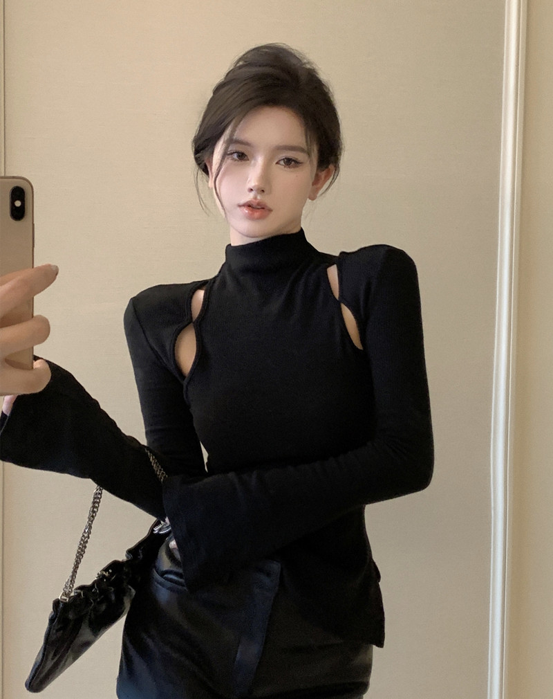 Lazy Style Hollow-out Design Long-sleeve Base Shirt Women's Autumn Hot Girl High-end Turtleneck Slim-fit Slim Top