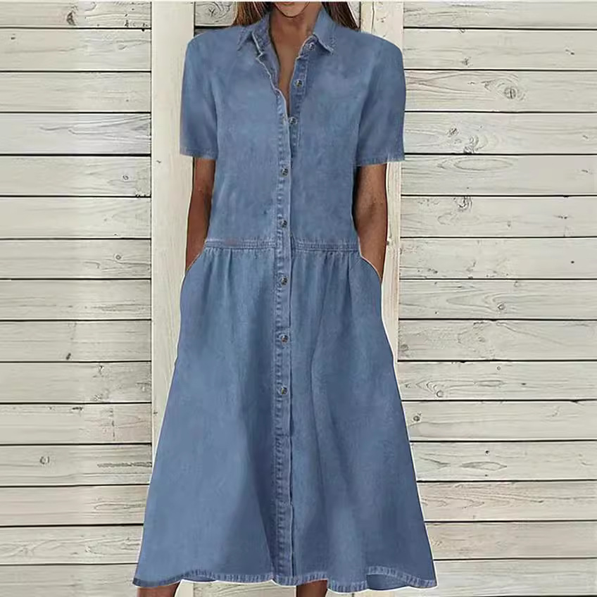 2023 Europe and the United States cross-border independent station Amazon spring and summer explosions shirt collar casual denim short sleeve dress
