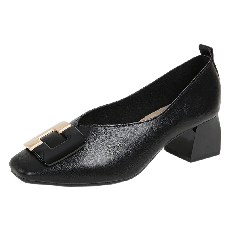 Evening style lady single-layer shoes women's shoes 2023 new popular retro commuter soft leather square toe mid-high heel grandma shoes