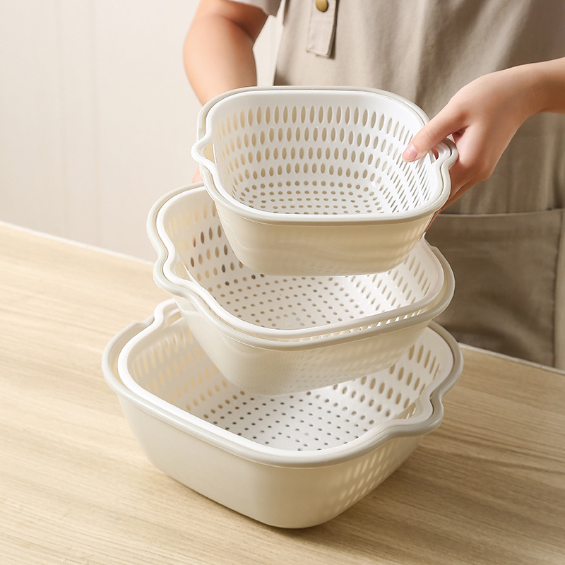 Picture of Double-layer Draining Basket Vegetable Washing Basin Fruit Plate Living Room Household Six-piece Kitchen Washing Fruit Basket Amoy Vegetable Basket