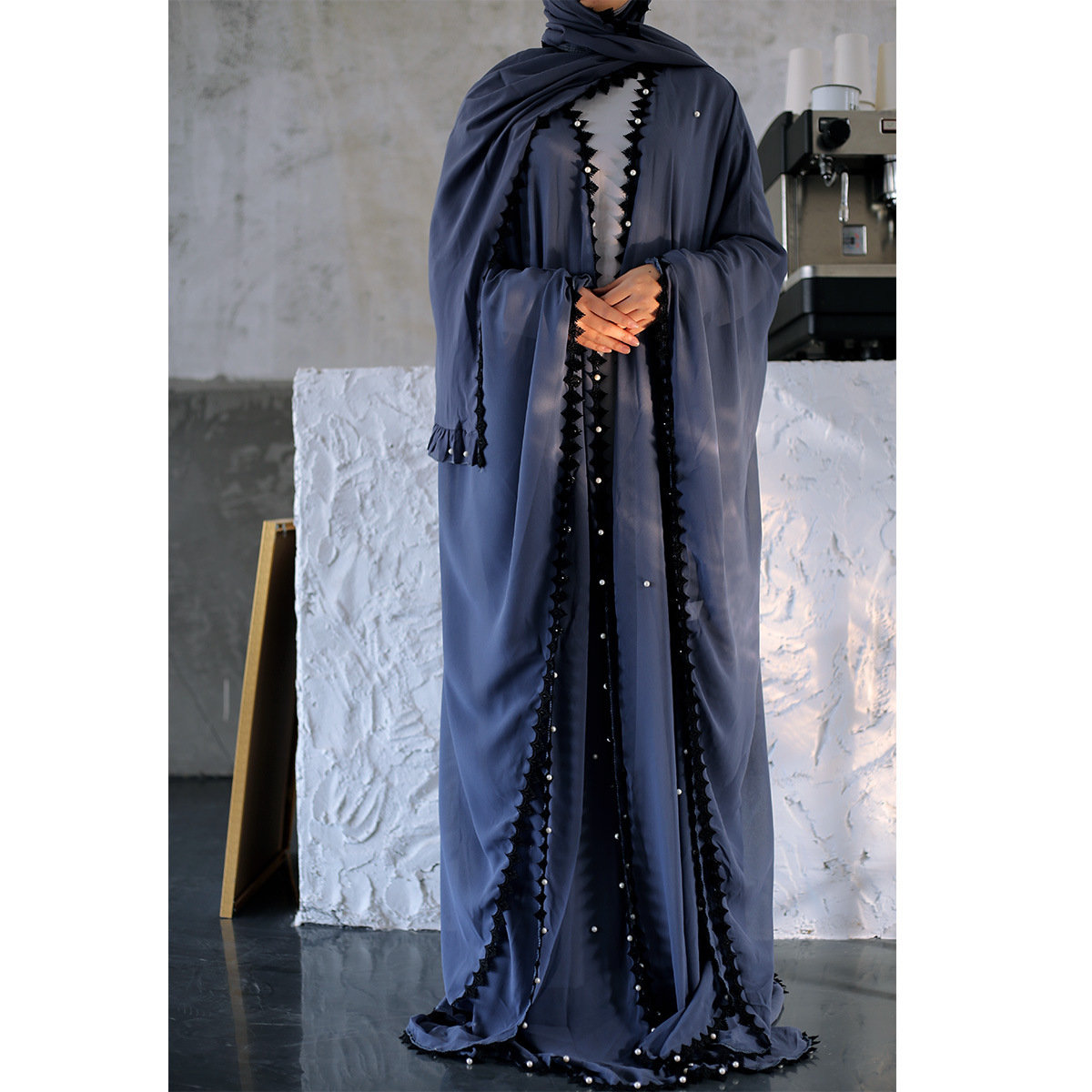 Picture of European and American muslim Trendy Lace Stitching Beads Loose Lace Long Sleeve Cardigan Women's 1653